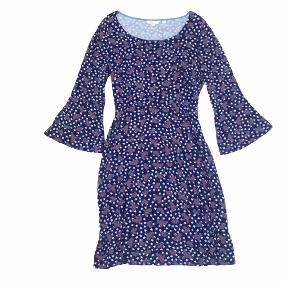 Boden Dresses & Skirts - Boden Navy Blue / Grey Bird /White Flower Bell 3/4 Sleeve Crew Neck Jersey Dress